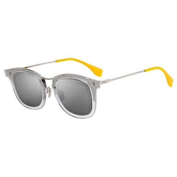 FENDI Logo Silver Yellow Metallic Grey Mirror Lens $595 Sunglasses Magnetic Case
